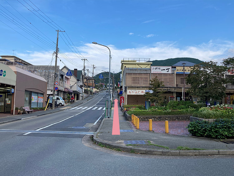 緩やかな坂を200mほどまっすぐ進んでください。